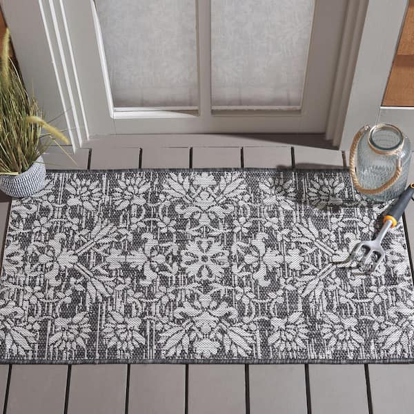 Courtyard Black/Light Gray 3 ft. x 5 ft. Antique Floral Indoor/Outdoor Area Rug
