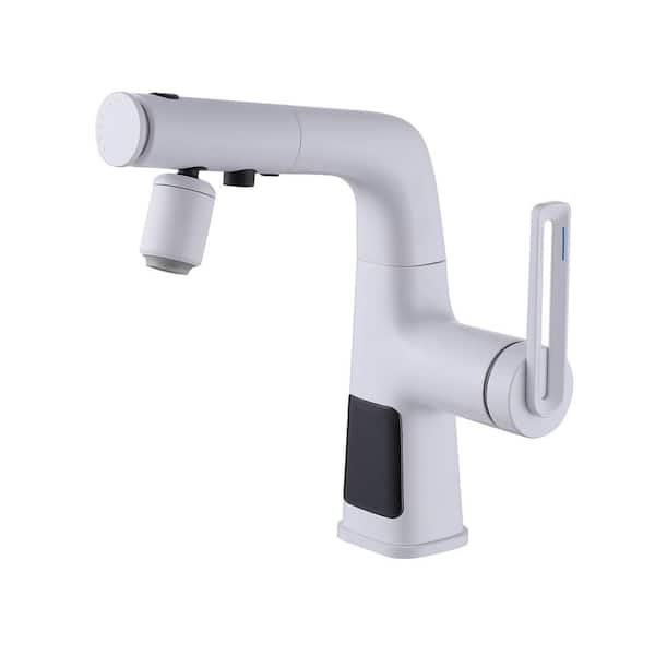 FLG Single Handle Single Hole Bathroom Faucet with Pull Out Sprayer Brass Smart LED Bathroom Sink Basin Faucets in White