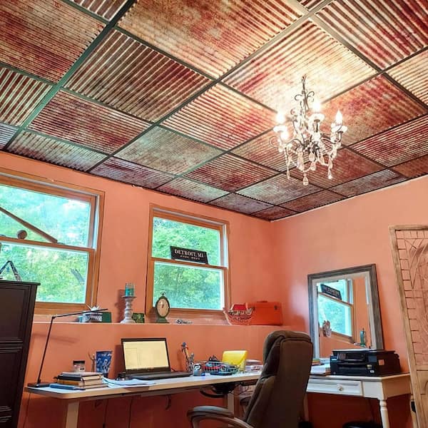 Ridged Metal Old Tin Roof 2 ft. x 2 ft. PVC Lay in Faux Tin Ceiling Tile (200 sq. ft./case)