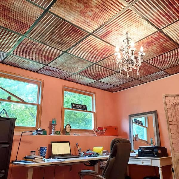Ridged Metal Weathered Silver 2 ft. x 2 ft. PVC Lay in Faux Tin Ceiling Tile (40 sq. ft./Case)