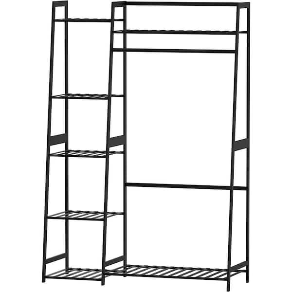 Siavonce Black Bamboo Freestanding Closet Organizer Storage Shelves Hanging Clothes Rack with Shelves