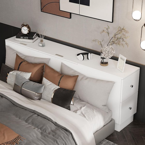 FUFU&GAGA White Full Queen Wood Headboard Fit Corner or Side with Storage Cabinets and Drawers