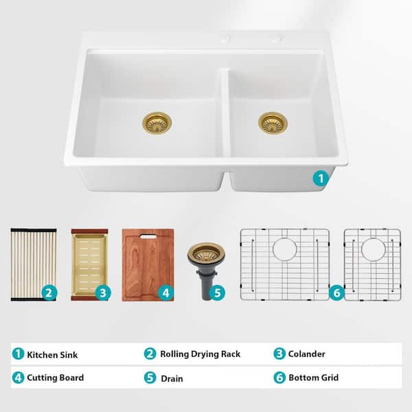 33 in. Drop-In 60/40 Double Bowl White Quartz Kitchen Sink W/ Cutting Board/Bottom Grid/Colander/Gold Baskets Strainer