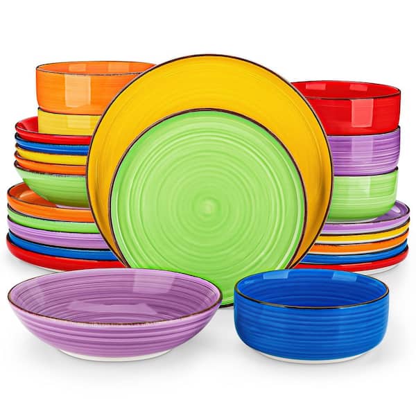 24-Piece Dark-Blue Red Yellow Green Purple Orange Stoneware Dinnerware Set Service for 6 Bowls and Plates Tableware Set