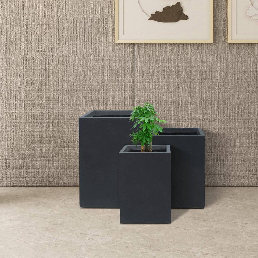 Charcoal Finish Concrete Tall Square Planter Set, 19", 16" and 13"H