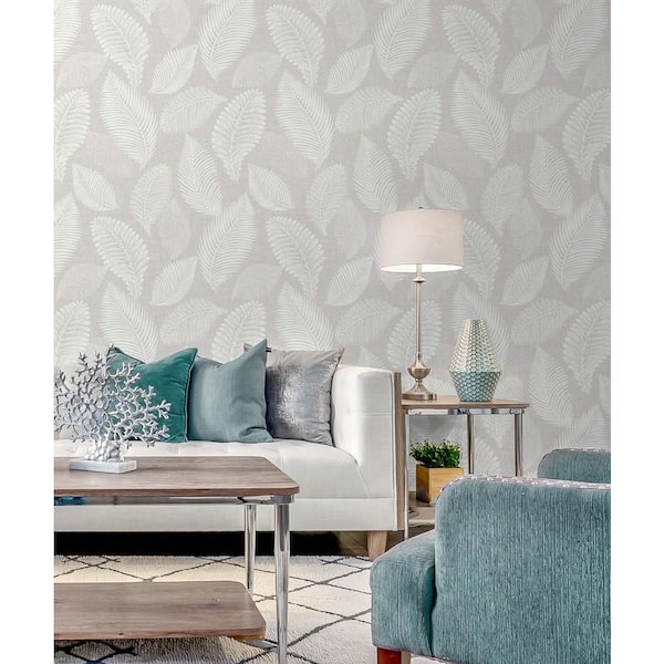 57.5 sq. ft. Dove Greige Tossed Leaves Nonwoven Paper Unpasted Wallpaper Roll