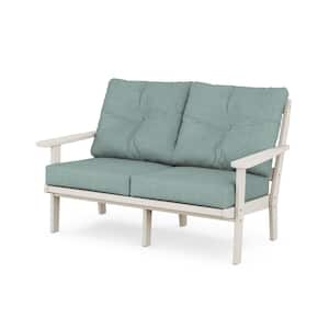 Cape Cod Deep Seating Plastic Outdoor Loveseat with in Sand Castle/Glacier Spa Cushions