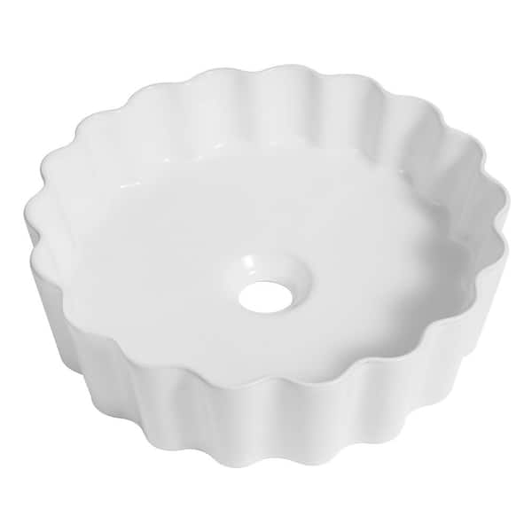 Atelier 15 in. Round Art Deco Contemporary Scalloped Ceramic Bathroom Vessel Sink, White