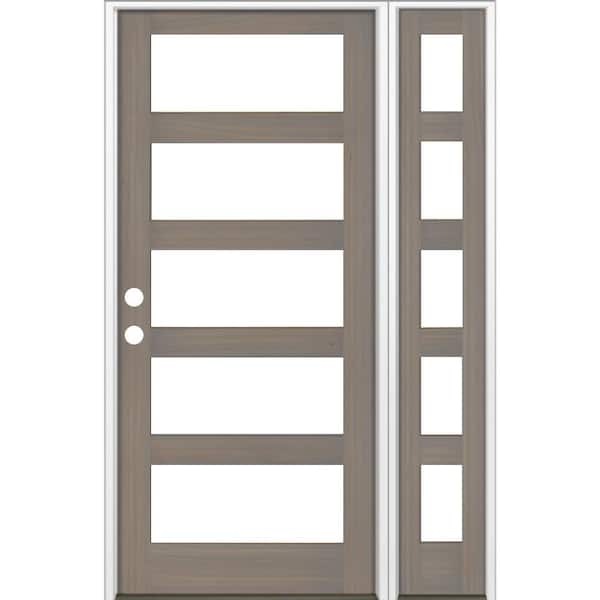Krosswood Doors 56 in. x 96 in. Modern Hemlock Right-Hand/Inswing 5-Lite Clear Glass Grey Stain Wood Prehung Front Door w/Left Sidelite