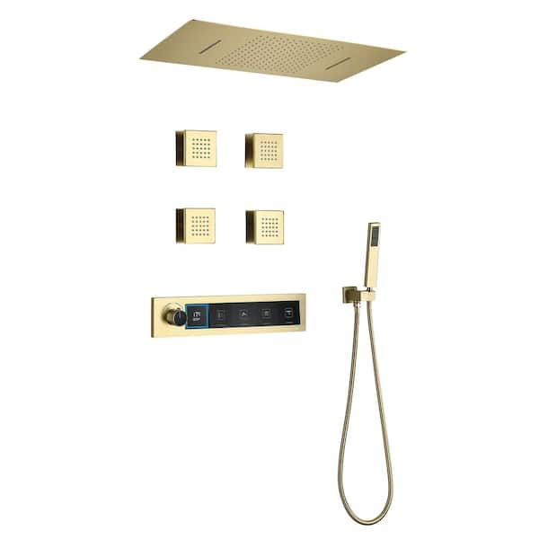 4-Spray 2-Handled 25 in. Ceiling Mount Shower Head Tub and Shower Faucet 1. 59 GPM in Brushed Gold