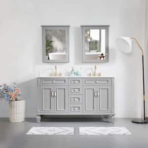60 in. W x 22 in. D x 35 in. H Double Sink Freestanding Bathroom Vanity Medicine Cabinet in Grey with White Quartz Top