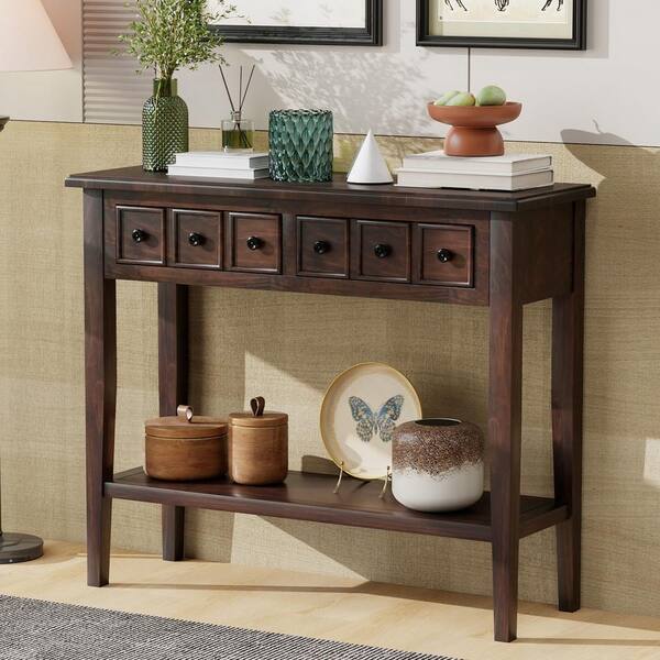 Nestfair 38.2 in. Espresso Rectangle Wood Console Table with 2 Drawers and Open Lower Shelf