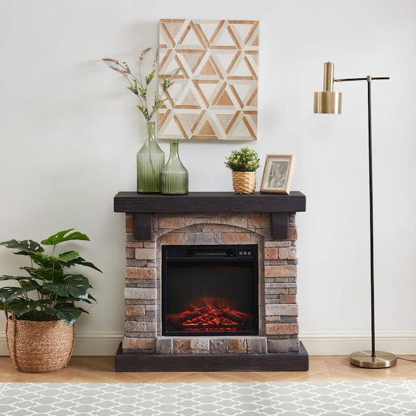 EDYO LIVING 36 in. Tan Freestanding Faux Stone Infrared Electric Fireplace with Mantel