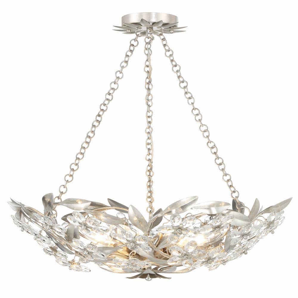 Antique Silver Crystal 6-Light Floral Chandelier