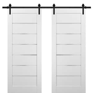 48 in. x 80 in. 6 Lites Frosted Glass White Finished Pine Wood MDF Sliding Barn Door with Hardware Kit