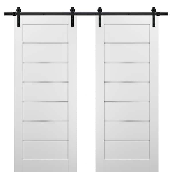Sartodoors 56 in. x 80 in. 6 Lites Frosted Glass White Pine Wood MDF Sliding Barn Door with Hardware Kit