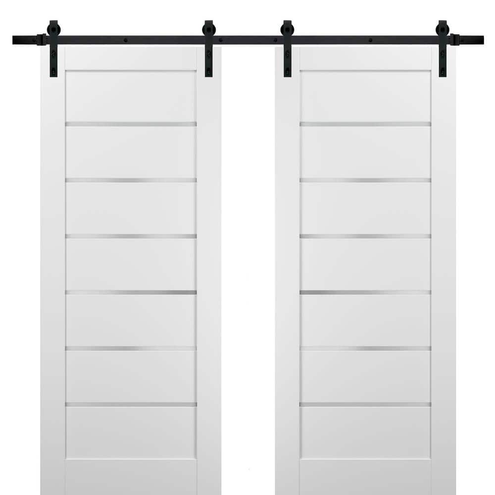 Sliding Barn Door 42 x 84 with Stainless Steel 8ft Hardware Quadro 4055 White Silk with Frosted Opaque Glass Top Mount Rail Hangers Sturdy Silver - 3