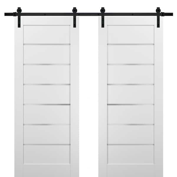 84 in. x 96 in. 6 Lites Frosted Glass White Finished Pine Wood MDF Sliding Barn Door with Hardware Kit