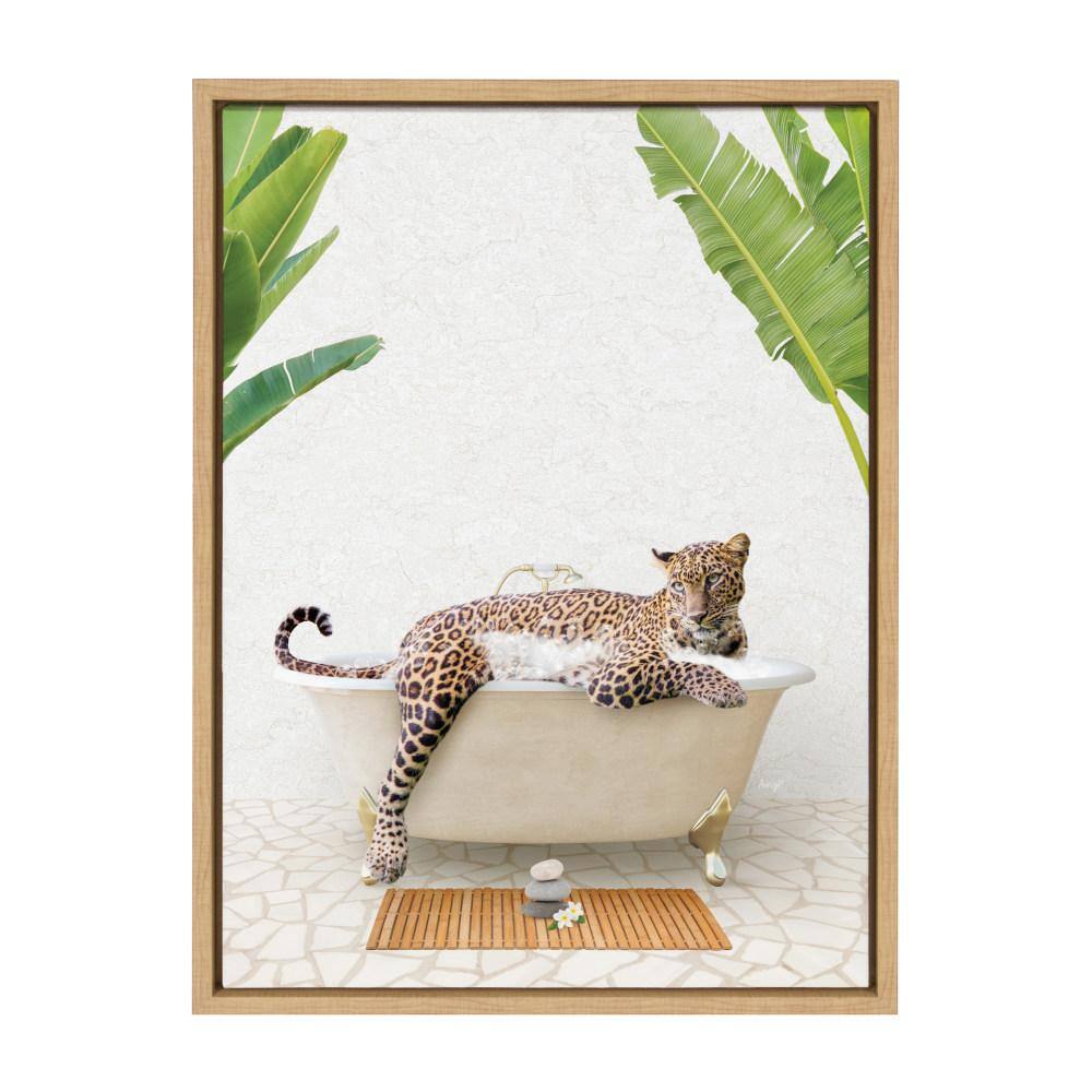 Natural Framed Leopard in Bath Canvas Wall Art, 18x24