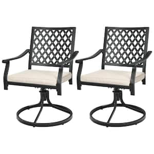 2-Piece Metal Outdoor Patio 360° Swivel Armrest Dining Chair with Rocker and Beige Cushioned