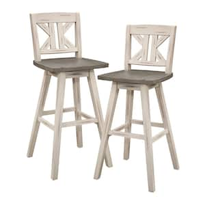 Fenton 28 in. Distressed Gray and White Wood Swivel Pub Height Chair (Divided X-back) with Wood Seat (Set of 2)