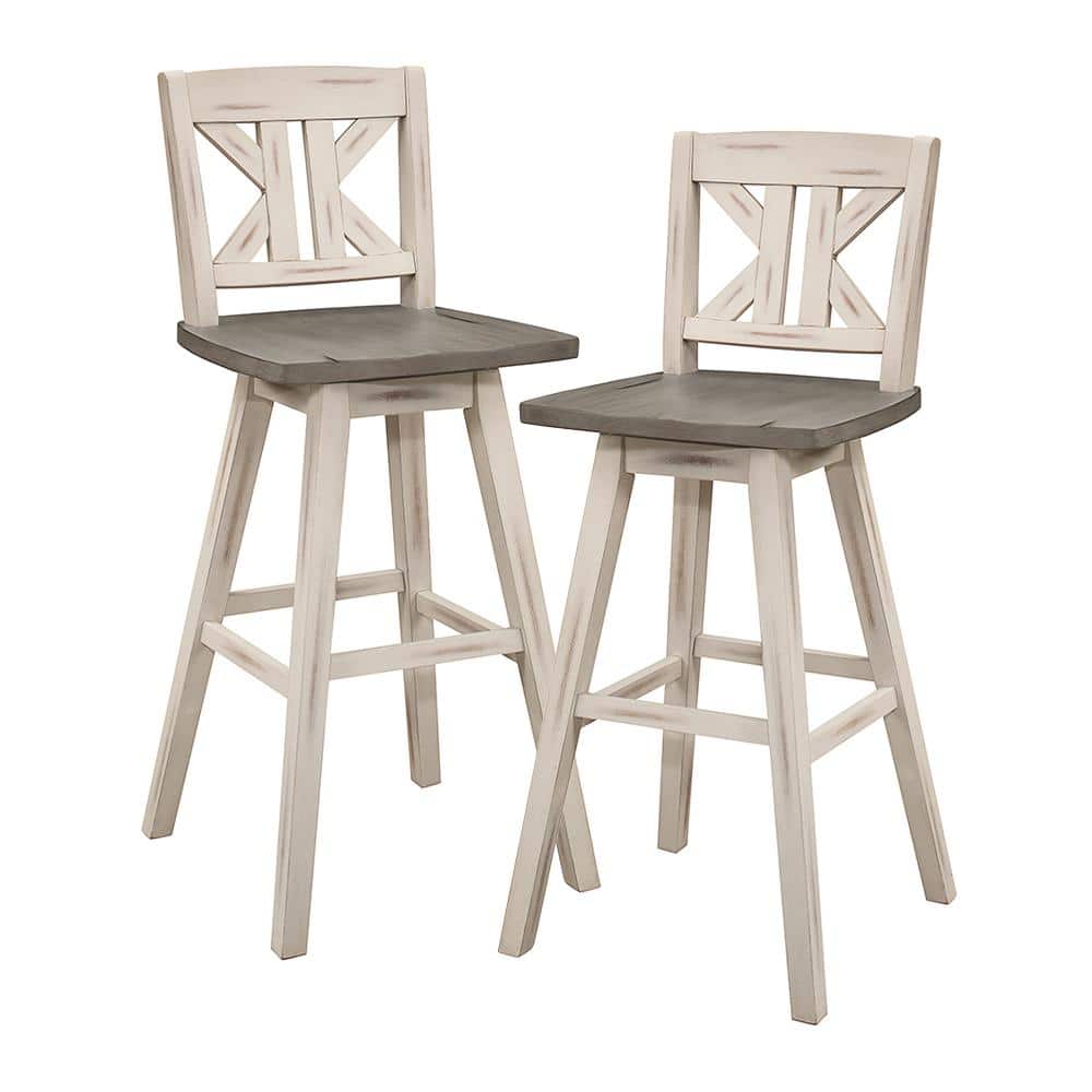 Distressed Gray and White Swivel Rubberwood Bar Stool