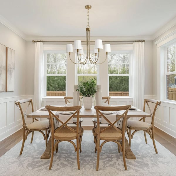 28.5 in. 6-Light Transitional Plated Brass Linear Chandelier, Modern Vintage Fabric Shade Dining Room Chandelier
