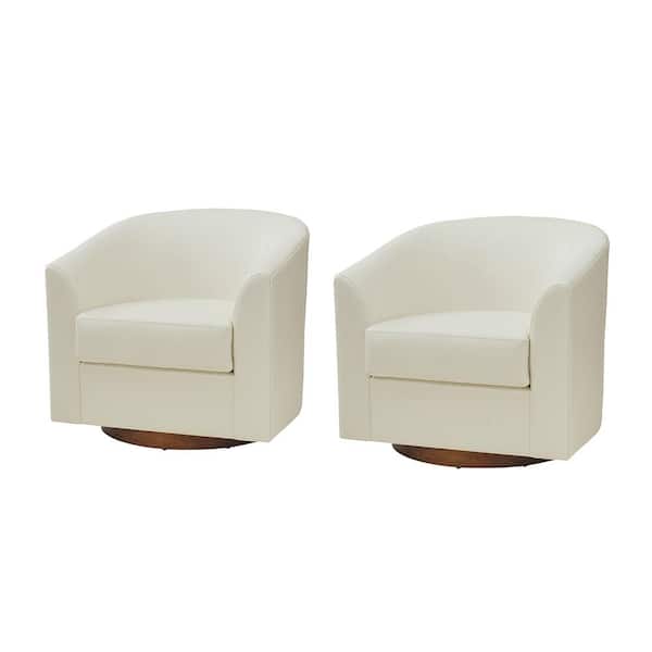 JAYDEN CREATION Meroy 30.5 in. Wide White Modern Swivel Barrel Faux Leather Chair with Solid Wood Base Set of 2