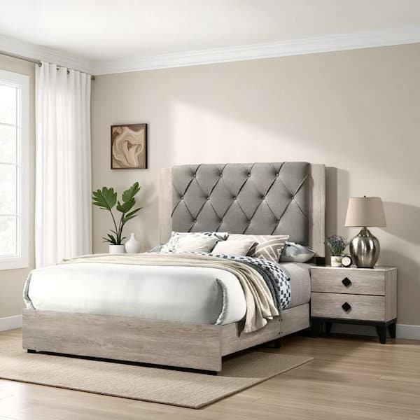 Gray and Cream Wood Frame King Size Panel Bed with Headboard