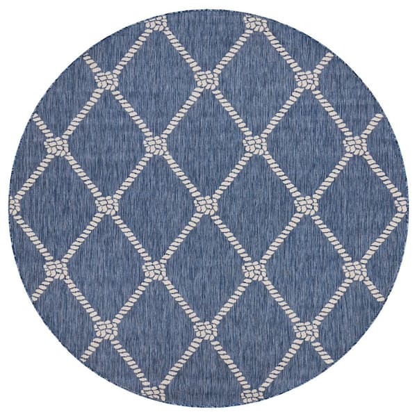 LR Home Naira Nautical Navy Blue/White 7 ft. 6 in. Round Knot Polypropylene Indoor/Outdoor Area Rug