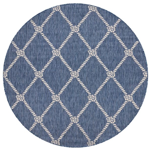 Unbranded Naira Nautical Navy Blue/White 7 ft. 6 in. Round Knot Polypropylene Indoor/Outdoor Area Rug