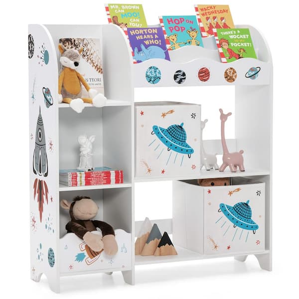 36.5 in. Kids Toy and Book Organizer Children Wooden Storage Cabinet White Bookcase w/Storage Bins