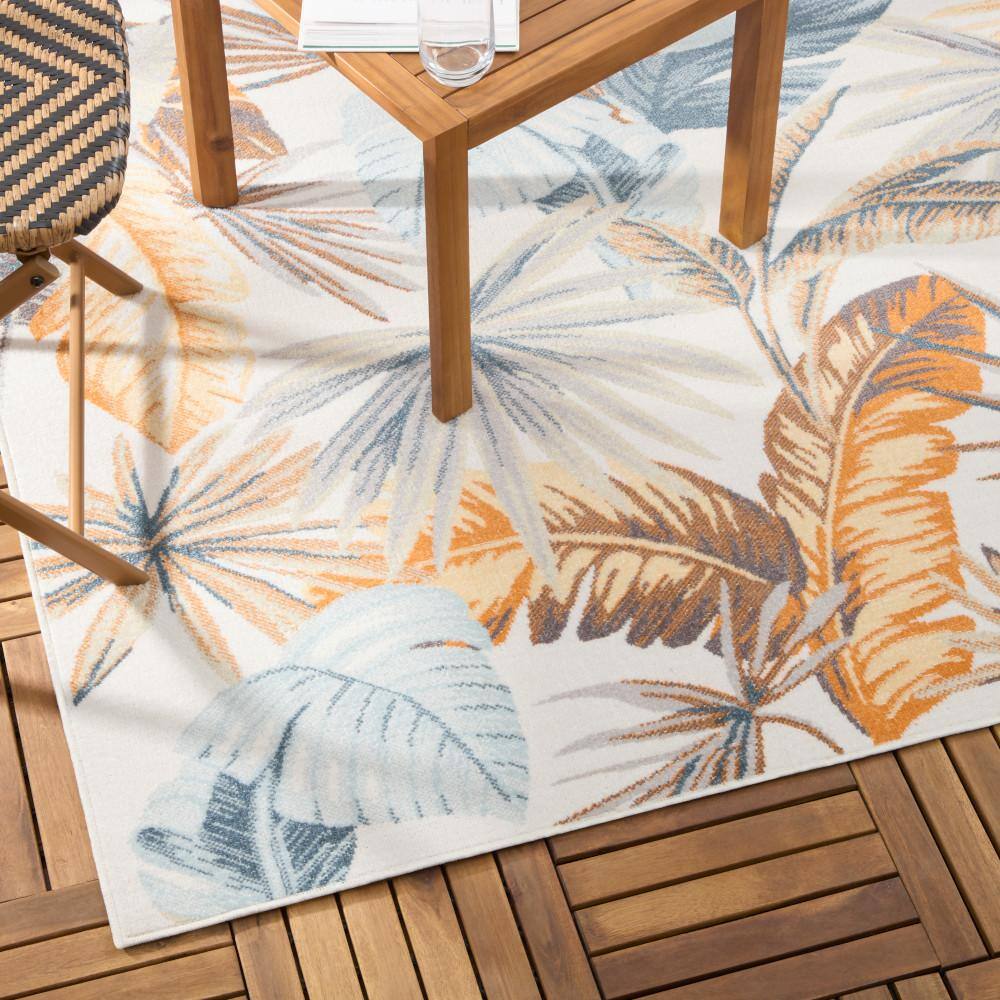 Ivory and Multicolor Tropical Foliage Synthetic Area Rug 5' x 7'