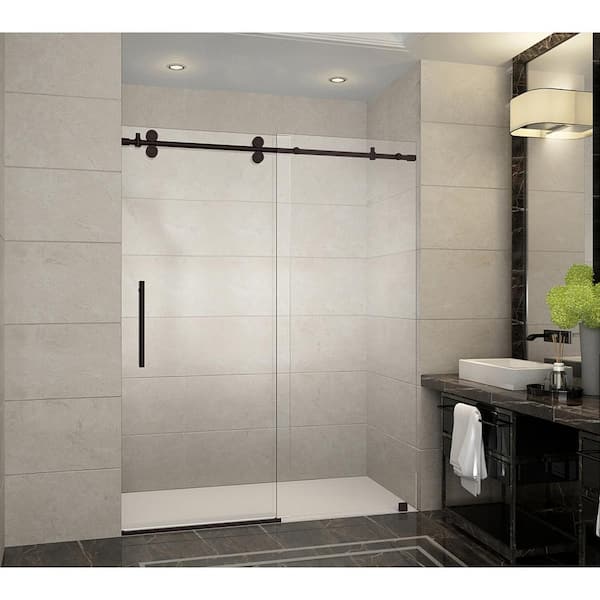 Aston Langham 60 in. W x 75 in. H Sliding Frameless Shower Door in Bronze with Clear Glass
