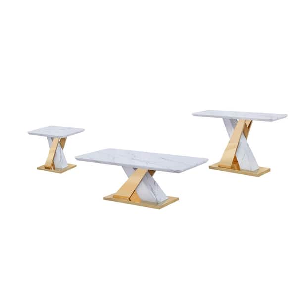 Best Quality Furniture Destiny 51" White Rectangle Faux Marble Top Coffee Table 26" Set of 3pc.