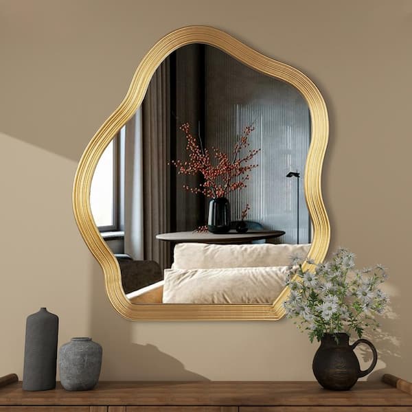 THKSHOUZ Gold 27.5 in. W x 31.5 in. H Vintage Irregular Resin Framed Decorative Mirror