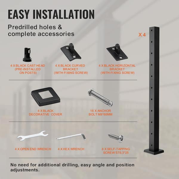 VEVOR Cable Railing Post 36 in. x 2 in. x 2 in. Steel Horizontal Hole Deck Railing Post with Horizontal and Curved Bracket
