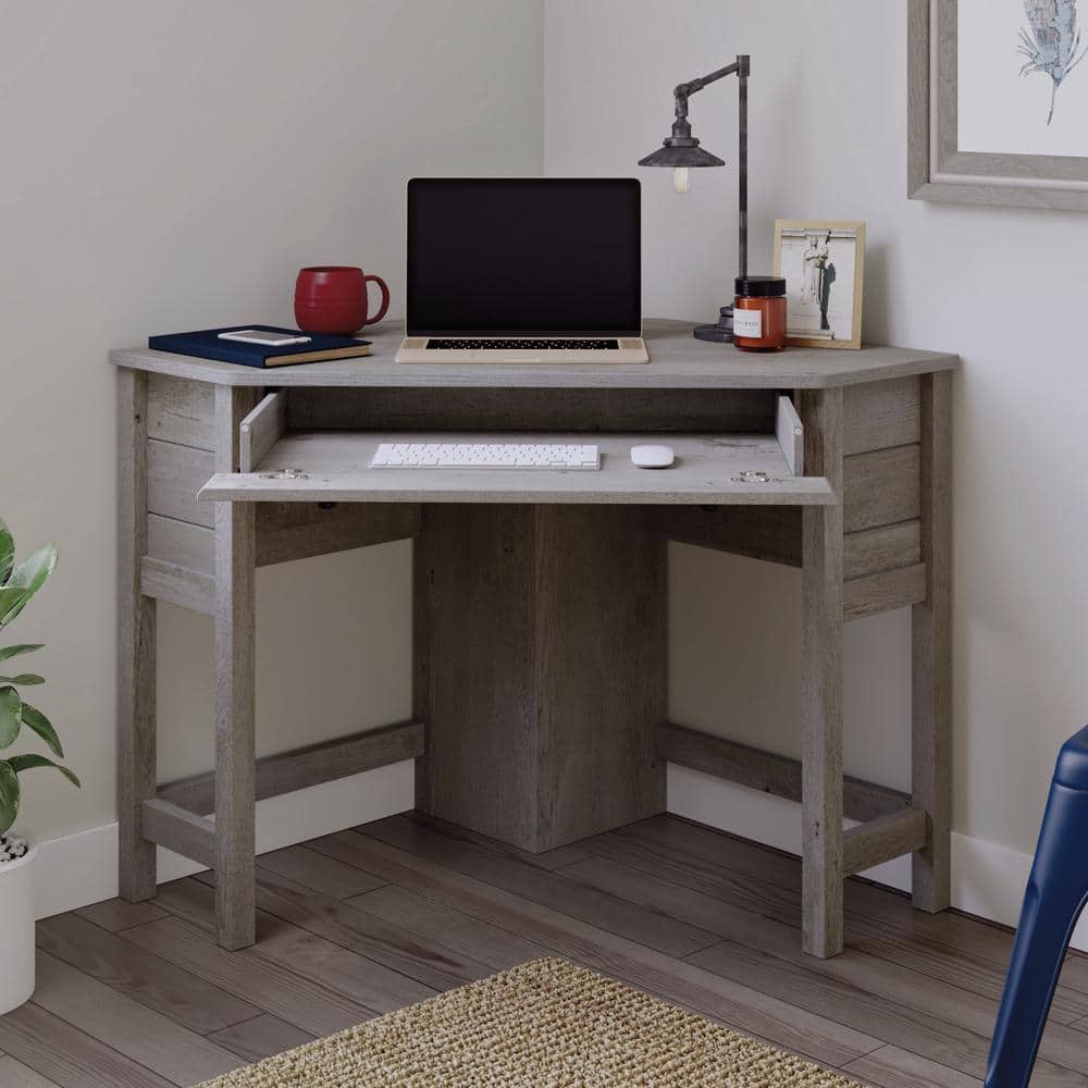 Mystic Oak Gray Corner Desk with Drawer and Keyboard Tray