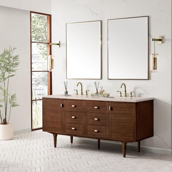 James Martin Vanities Amberly 72.0 in. W x 23.5 in. D x 34.7 in. H Bathroom Vanity in Mid-Century Walnut with Eternal Marfil Quartz Top