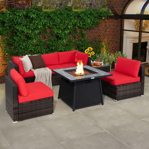 Kadehome 7-Piece Wicker Patio Conversation Set with 50000-BTU Propane Gas Fire Pit and Red Cushions