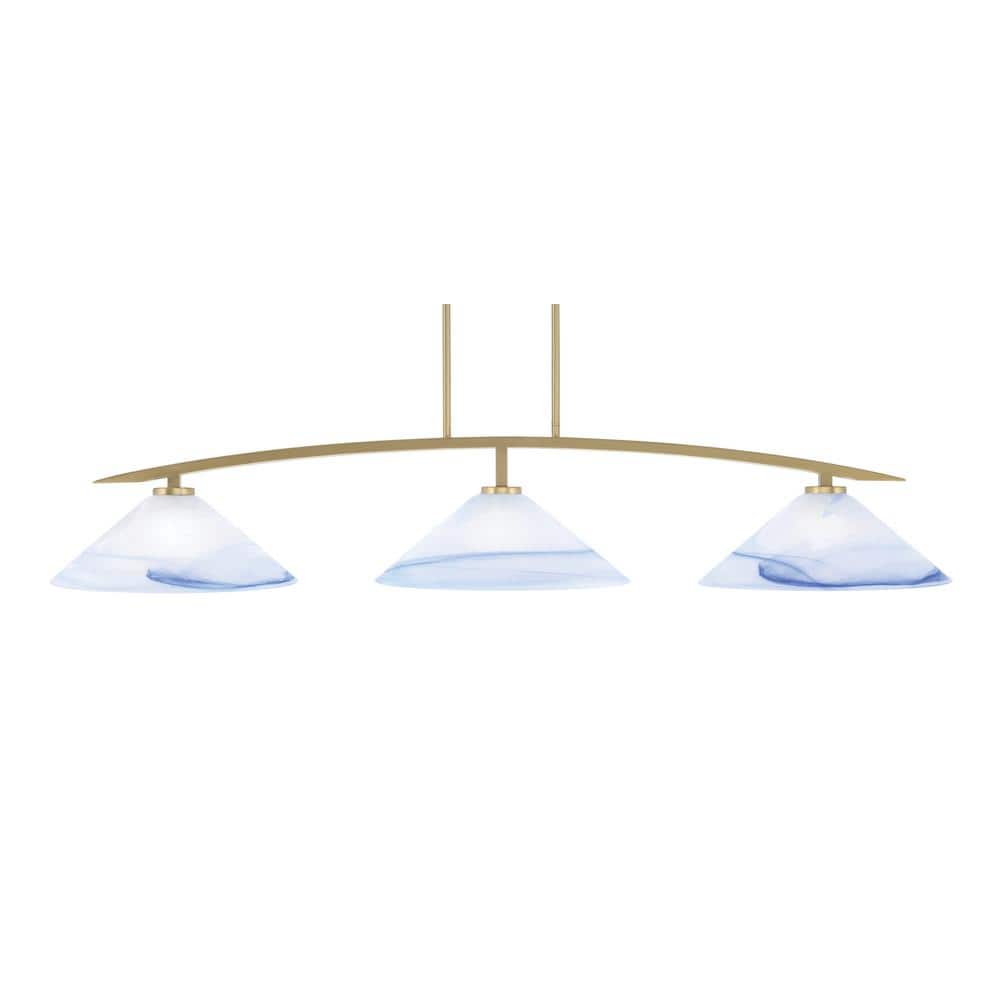 Siena 3-Light New Age Brass Billiard Light with 16 in. Blue Swirl Glass Sha