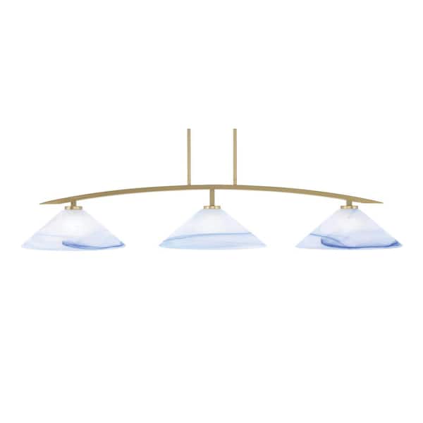 Unbranded Siena 3-Light New Age Brass Billiard Light with 16 in. Blue Swirl Glass Shades No Bulbs Included