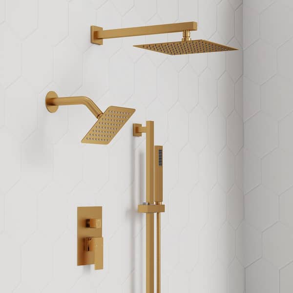 5-Spray Square 12 in. Rain Wall Mount Shower System with 6 in. Shower Head Handheld shower in Brushed Gold 2.5 GPM