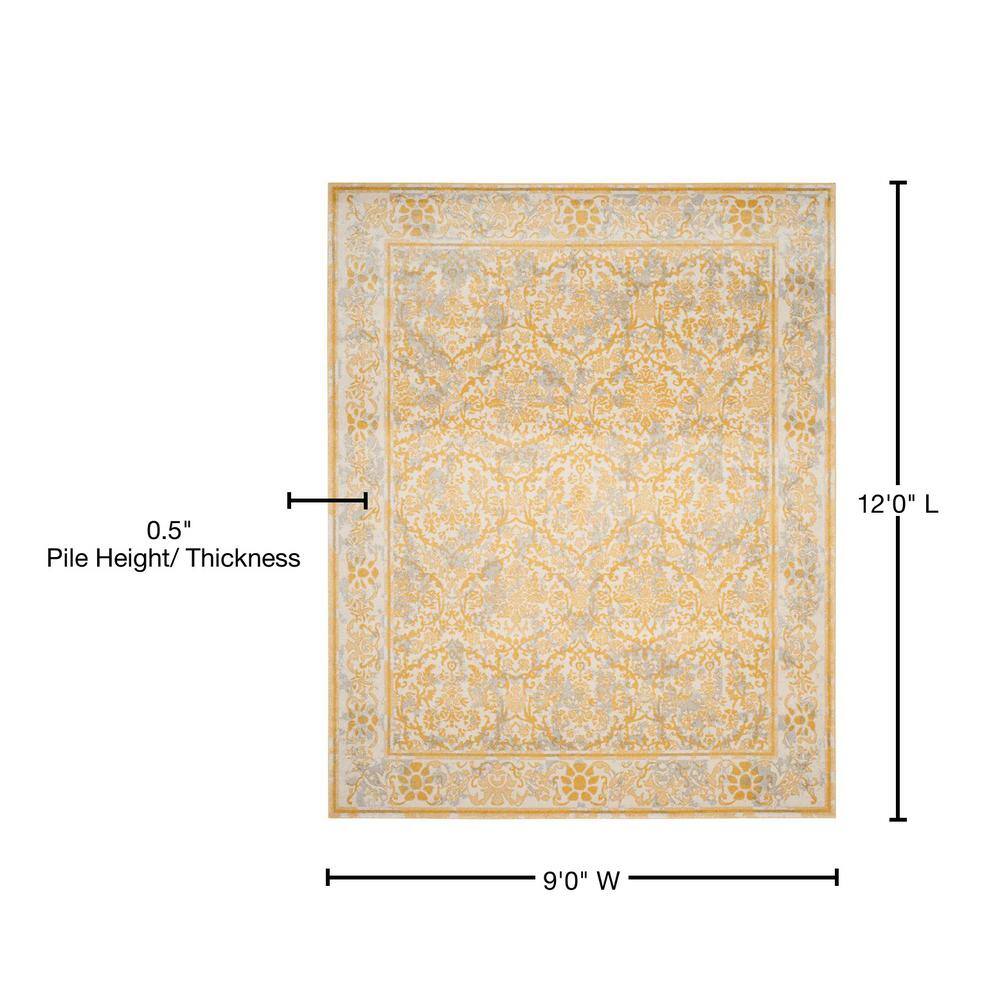 Ivory and Gold Floral Synthetic 9' x 12' Area Rug