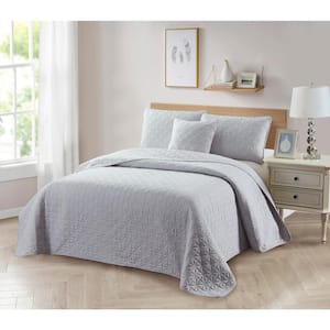 4 Piece Silver Solid Full/Queen Microfiber Quilt Set with Cushion
