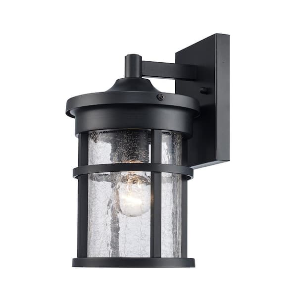 Avalon 11 in. 1-Light Black Outdoor Wall Light Fixture with Clear Crackled Glass