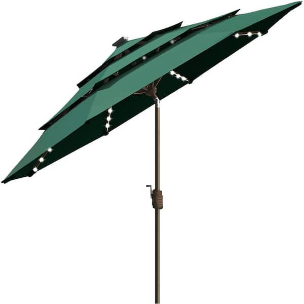 Terracemaster 9 ft. 3-Tiers Market Umbrella Solar Patio Umbrellas 10-Year-Non-Fading Sunumbrella w/80 LED Lights in Green