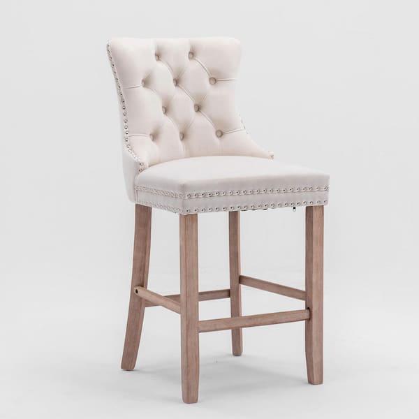 26 in. Beige Contemporary Velvet Barstools with Button Tufted Back, Wooden Legs and Chrome Nailhead Trim (Set of 2)