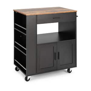 Black Rolling Kitchen Cart with - Spice Racks Drawer and Open Shelf