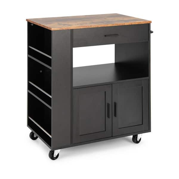 Bunpeony Black Rolling Kitchen Cart with Spice Racks Drawer and